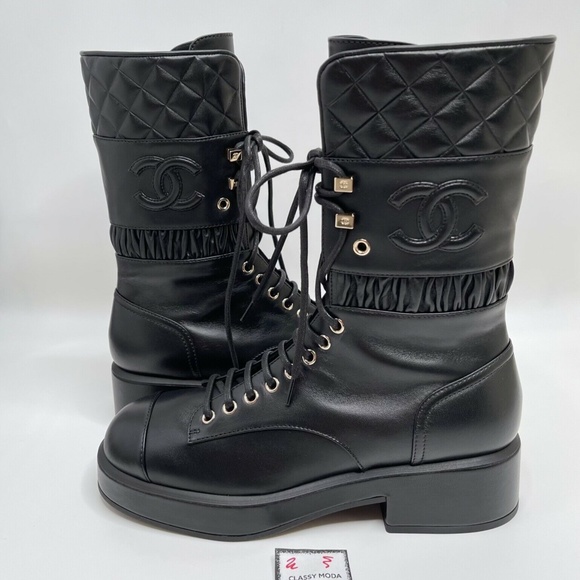 ❌❌SOLD Chanel NIB Black Flying Combat Military Lace Up Leather CC Logo Boots - Picture 5 of 13